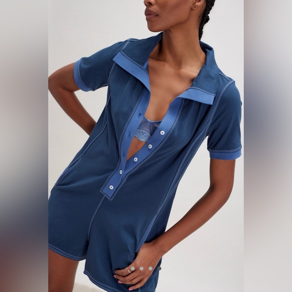 Free People Smooth Sailing Romper in Dark Denim Navy Combo - Picture 4 of 9